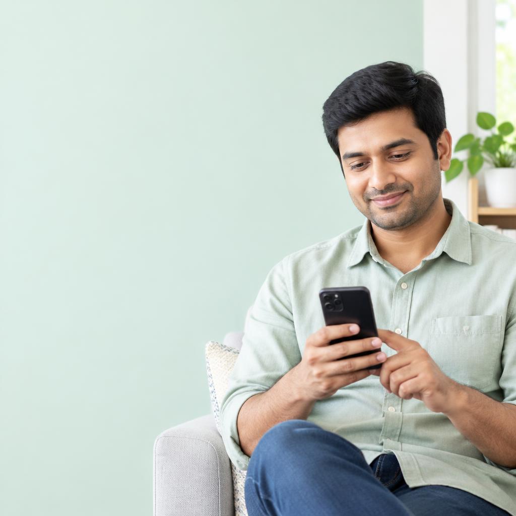 A professional checking his phone with a calmer outlook. Illustrative scene.