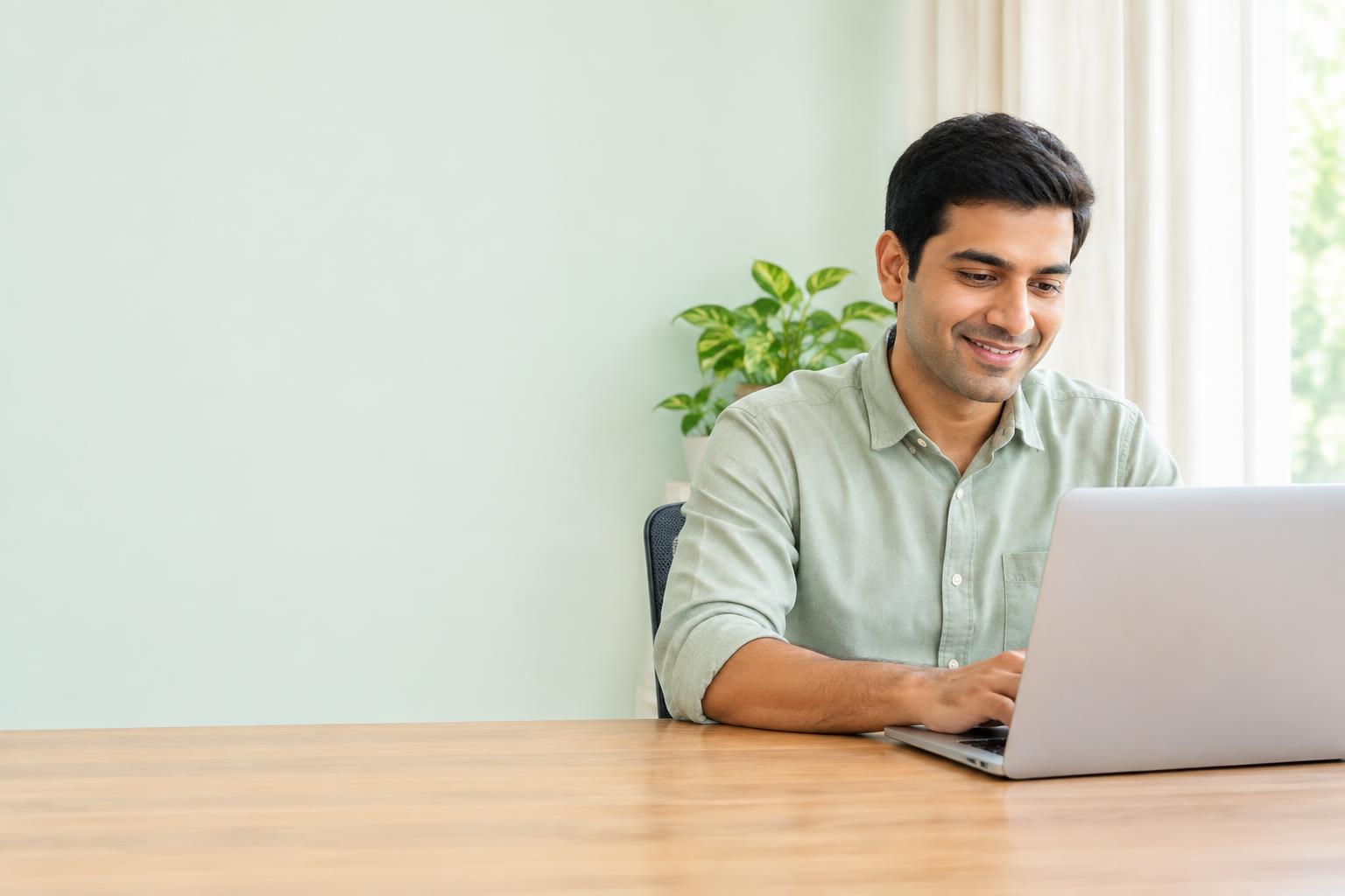 An Indian professional calmly reviewing his finances at his laptop. Illustrative scene.