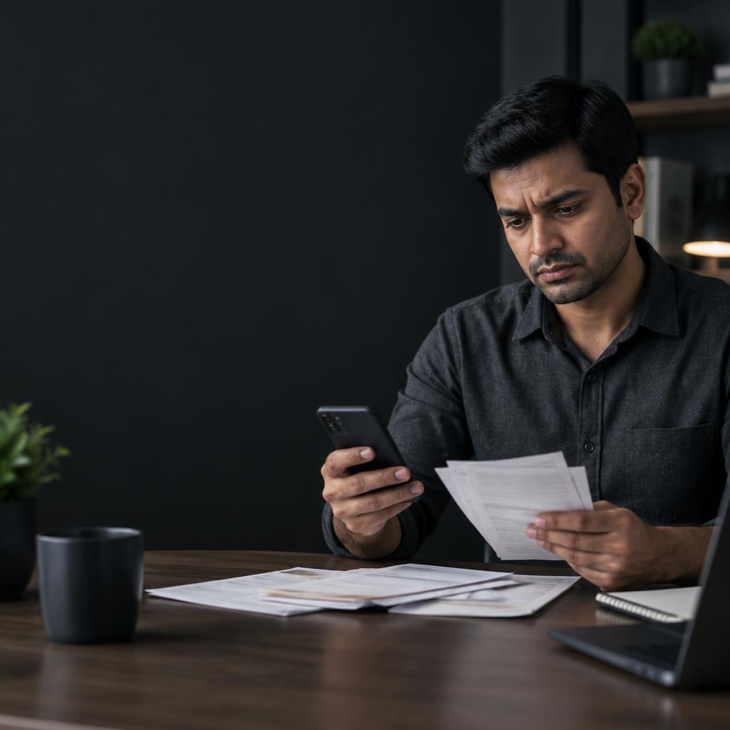A professional reviewing credit card bills. Illustrative scene.